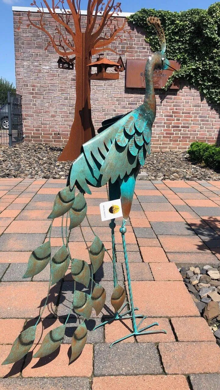 Gartenfigur Pfau handgemachte Gartendekoration Ozeanblau aus Metall - Bali Paradies