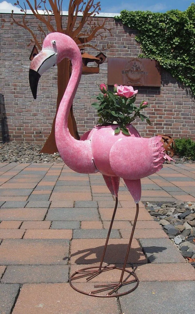 Gartenfigur großer handgemachter Flamingo zum bepflanzen aus Metall - Bali Paradies