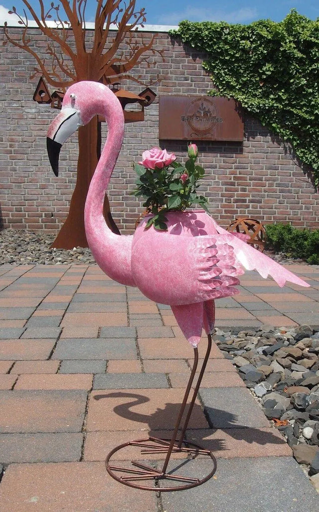 Gartenfigur großer handgemachter Flamingo zum bepflanzen aus Metall - Bali Paradies