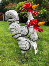 Gartenfigur groß Hahn & Huhn weiß handgemachte Gartendekoration aus Metall - Bali Paradies