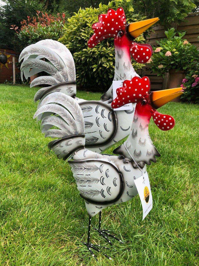 Gartenfigur groß Hahn & Huhn weiß handgemachte Gartendekoration aus Metall - Bali Paradies