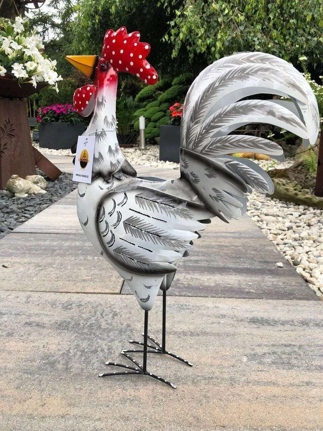 Gartenfigur groß Hahn & Huhn weiß handgemachte Gartendekoration aus Metall - Bali Paradies