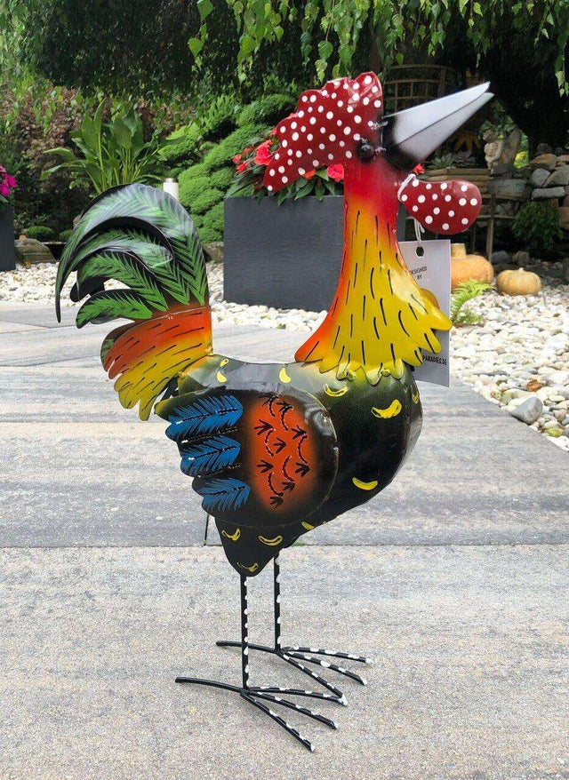 Gartenfigur groß Hahn & Huhn bunt handgemachte Gartendekoration aus Metall - Bali Paradies