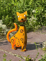 Gartenfigur Katze handgemachte Gartendekoration aus Metall mit Wackelkopf - Bali Paradies