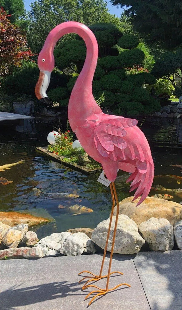 Gartenfigur großer Flamingo handgemachte Gartendekoration aus Metall - Bali Paradies