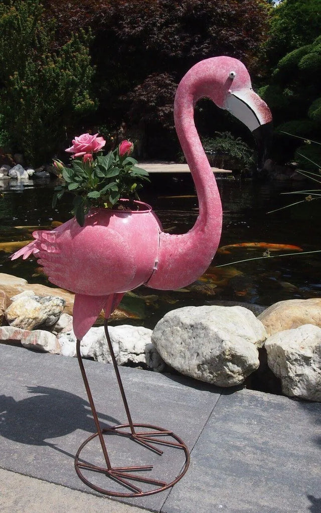 Gartenfigur großer handgemachter Flamingo zum bepflanzen aus Metall - Bali Paradies