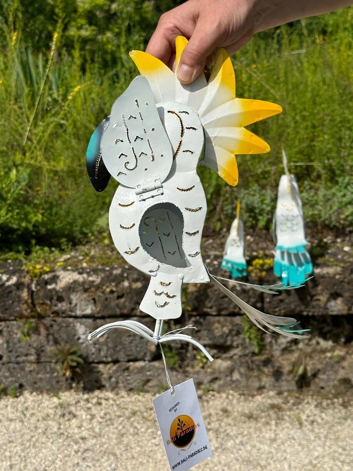 Gartenfigur große Kakadu Familie handgemachte Gartendeko aus Metall Teelicht - Bali Paradies