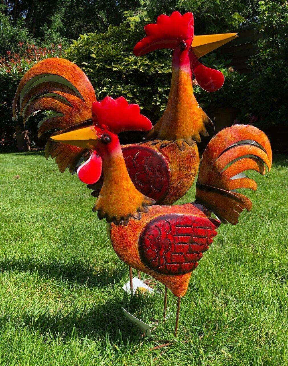 Gartenfigur groß Hahn & Huhn orange handgemachte Gartendekoration aus Metall - Bali Paradies