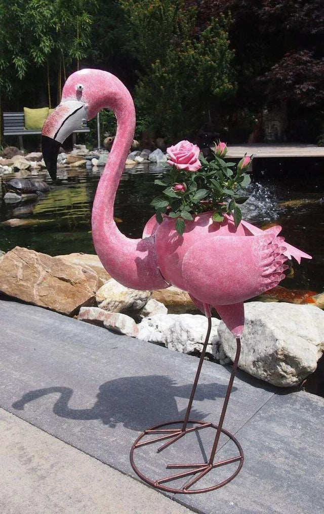 Gartenfigur großer handgemachter Flamingo zum bepflanzen aus Metall - Bali Paradies