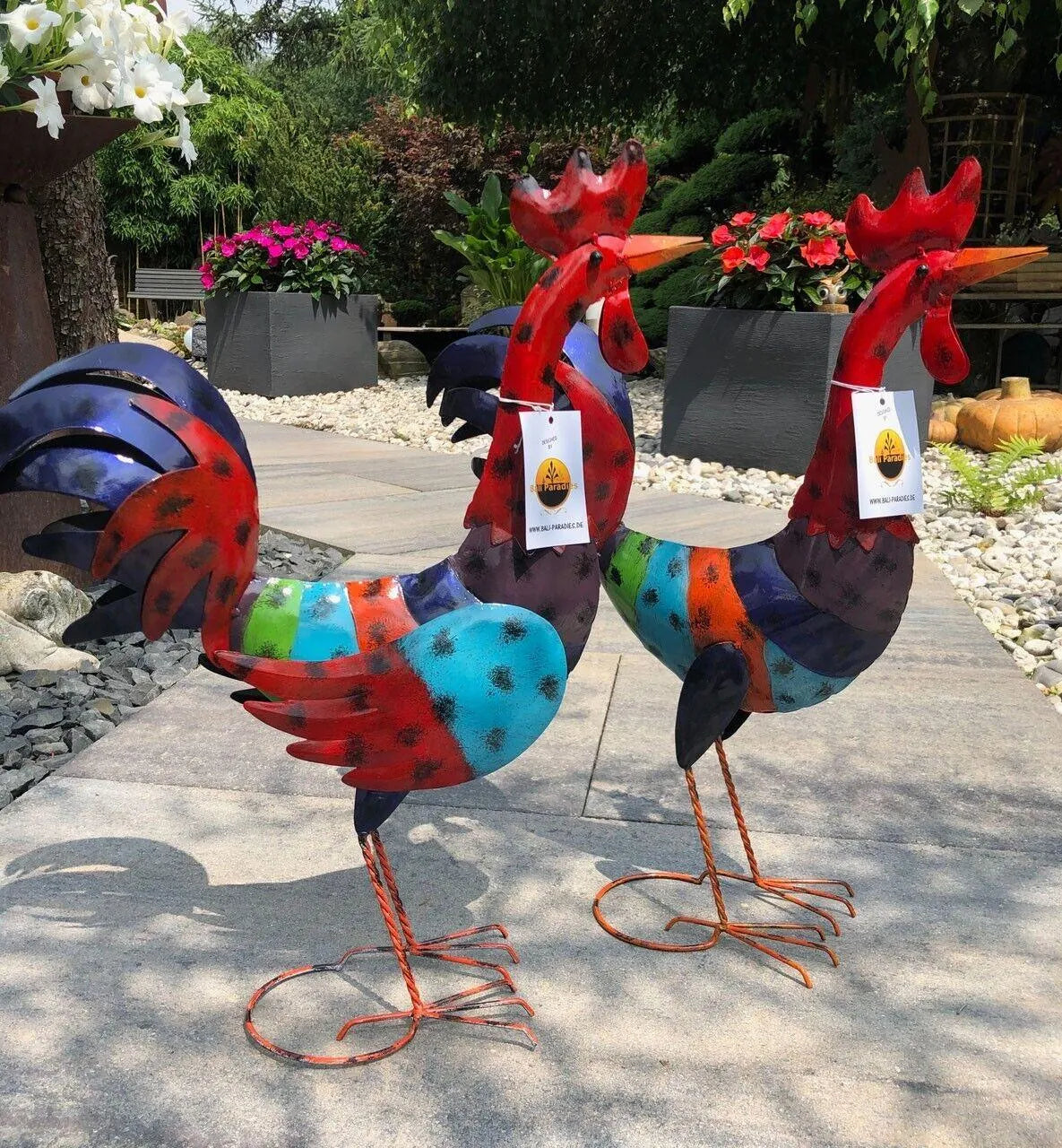 Gartenfigur groß Hahn & Huhn bunt handgemachte Gartendekoration aus Metall - Bali Paradies