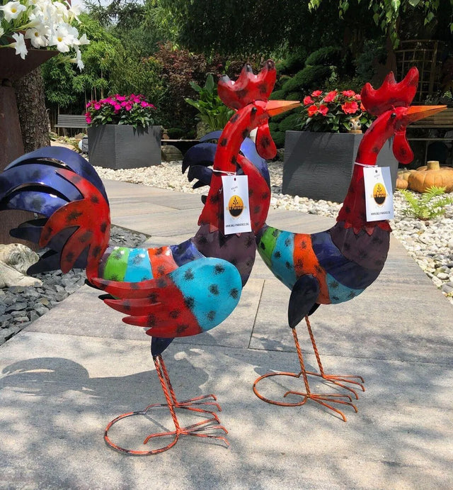 Gartenfigur groß Hahn & Huhn bunt handgemachte Gartendekoration aus Metall - Bali Paradies