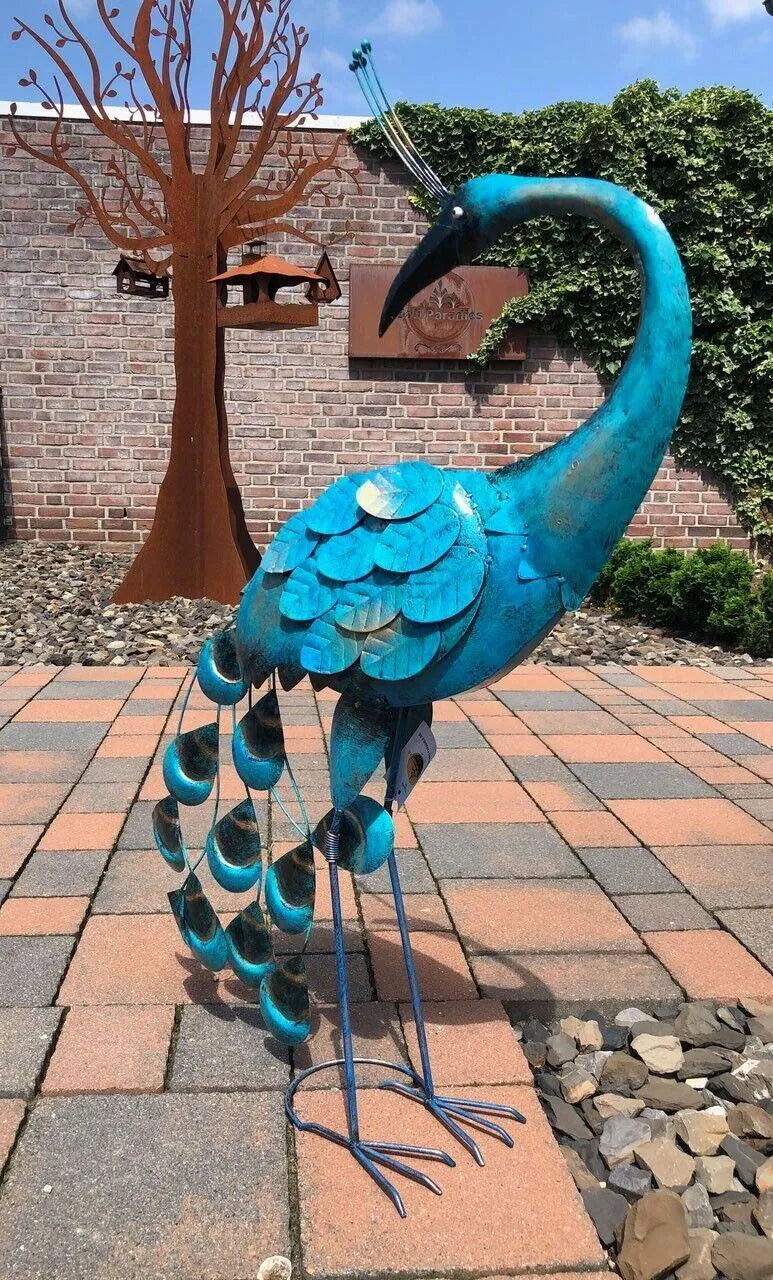 Gartenfigur Pfau handgemachte Gartendekoration Himmelblau aus Metall - Bali Paradies