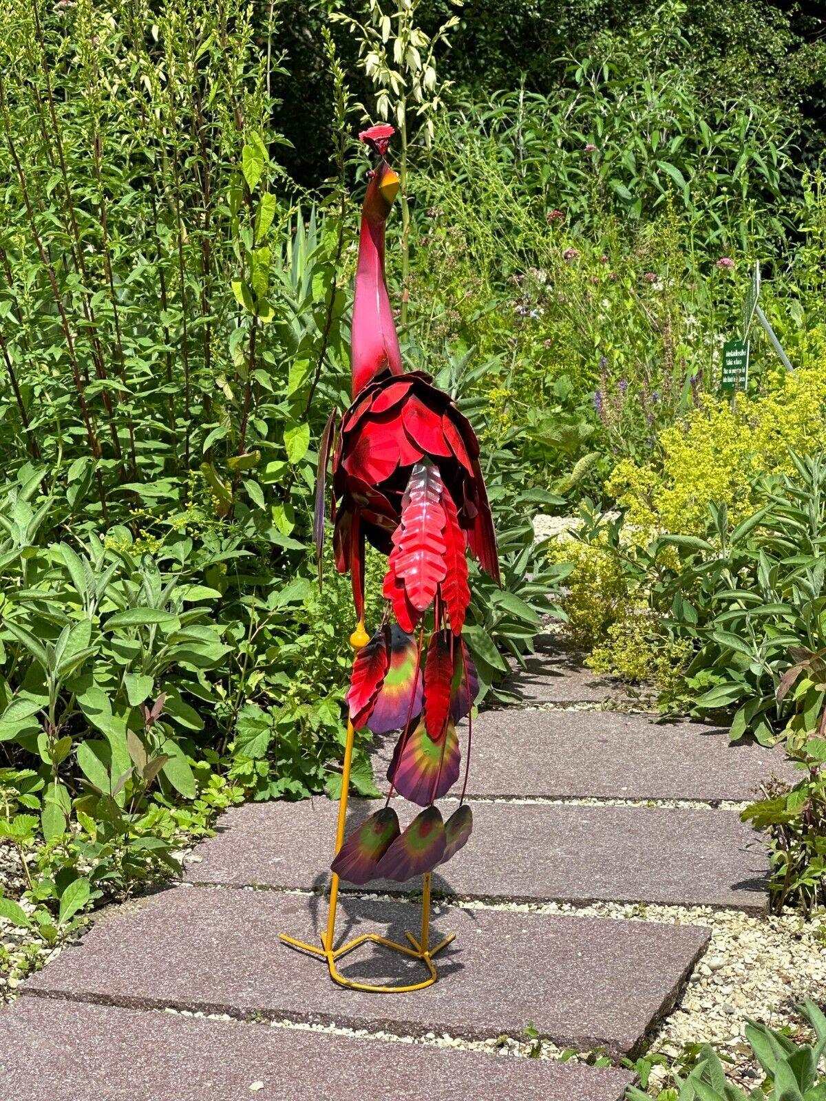 Gartenfigur 90cm Pfau handgemachte Gartendekoration Rot aus Metall - Bali Paradies