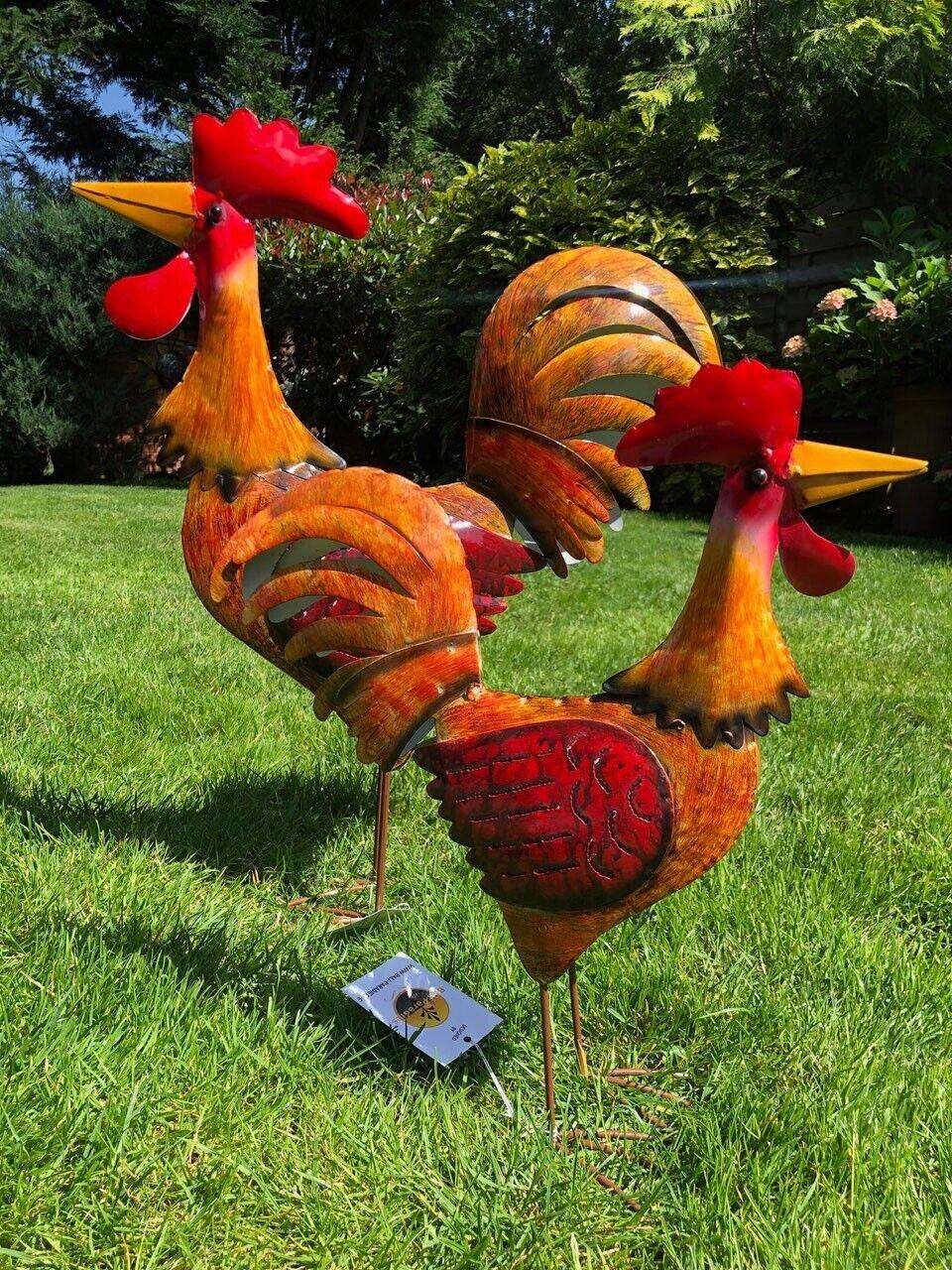 Gartenfigur groß Hahn & Huhn orange handgemachte Gartendekoration aus Metall - Bali Paradies