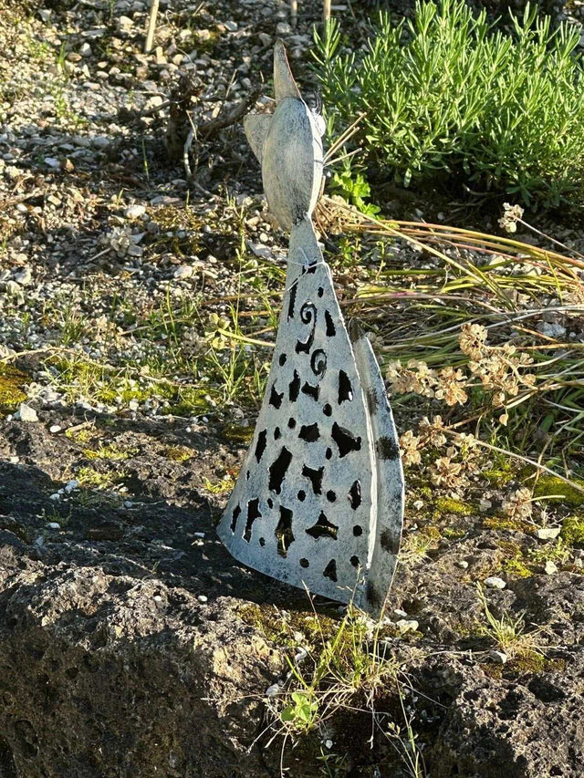 Gartenfigur Katze handgemachte Gartendekoration mit Öffnung für Kerzen - Bali Paradies