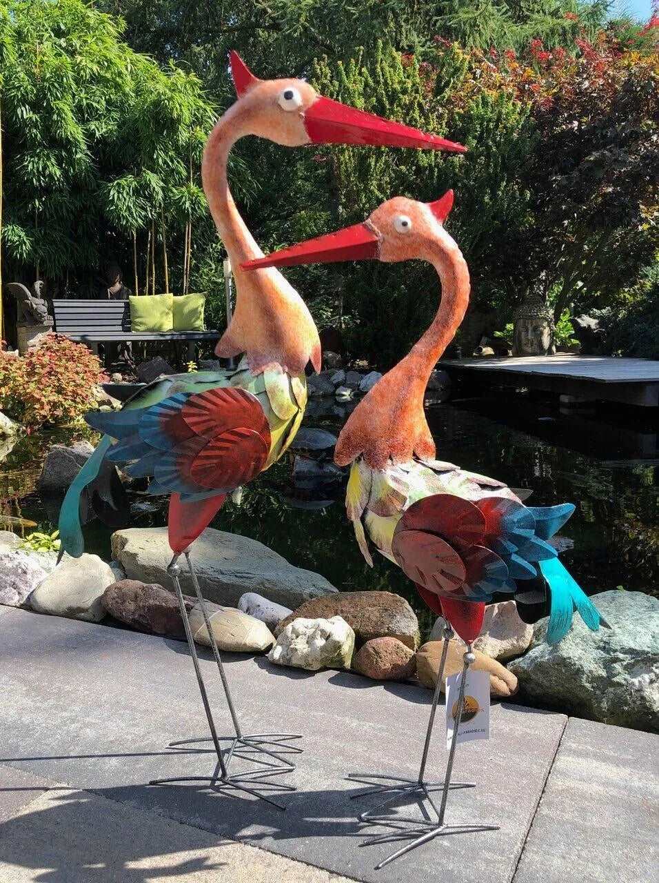 Gartenfigur großes 2er Set Kraniche Rot handgemachte Gartendekoration aus Metall - Bali Paradies