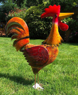 Gartenfigur groß Hahn & Huhn orange handgemachte Gartendekoration aus Metall - Bali Paradies