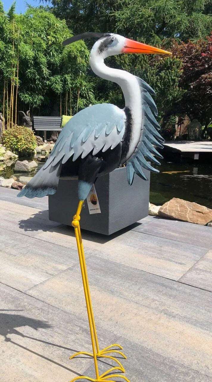 Gartenfigur großer Fischreiher handgemachte Gartendekoration aus Metall - Bali Paradies