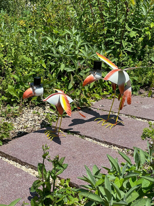 Gartenfigur große Kranich Familie handgemachte Gartendeko aus Metall