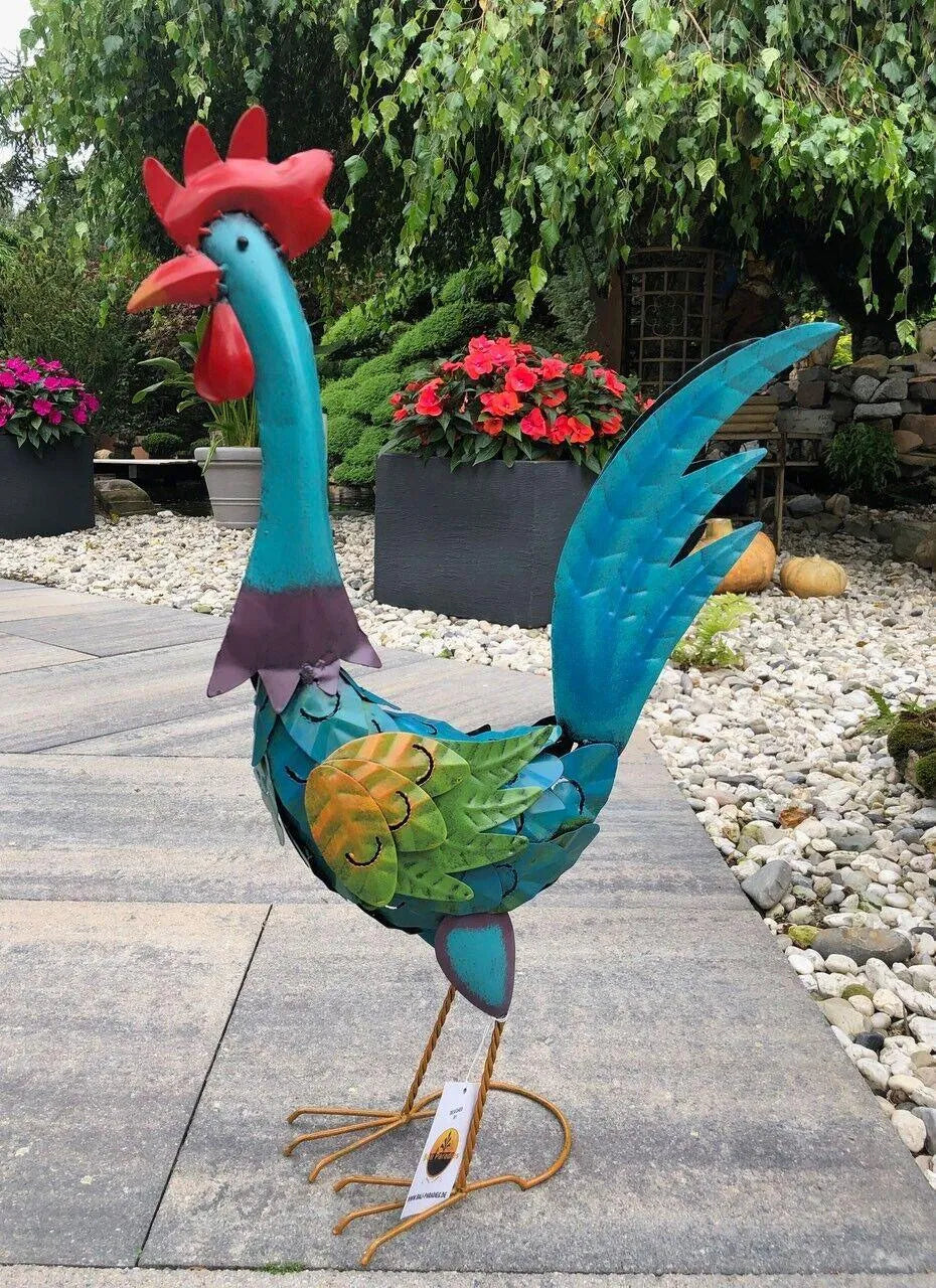 Gartenfigur groß Hahn & Huhn bunt handgemachte Gartendekoration aus Metall - Bali Paradies