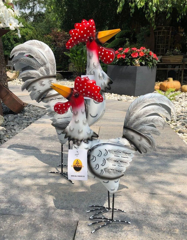 Gartenfigur groß Hahn & Huhn weiß handgemachte Gartendekoration aus Metall - Bali Paradies