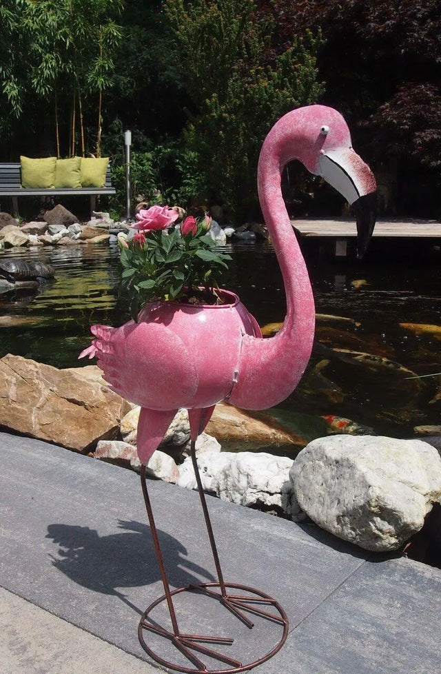 Gartenfigur großer handgemachter Flamingo zum bepflanzen aus Metall - Bali Paradies