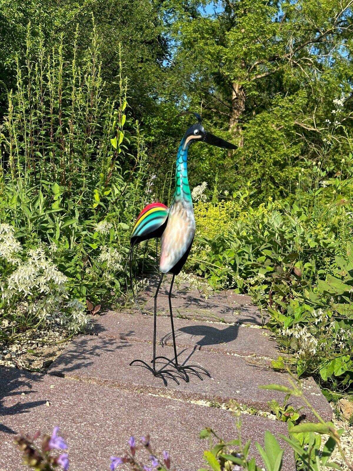 Gartenfigur bunter Fischreiher handgemachte Gartendekoration aus Metall - Bali Paradies