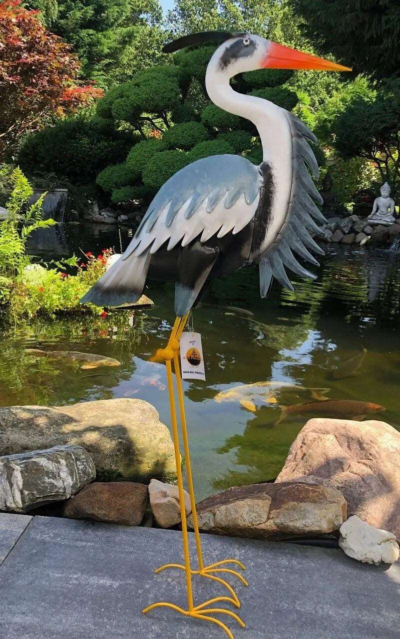 Gartenfigur großer Fischreiher handgemachte Gartendekoration aus Metall - Bali Paradies