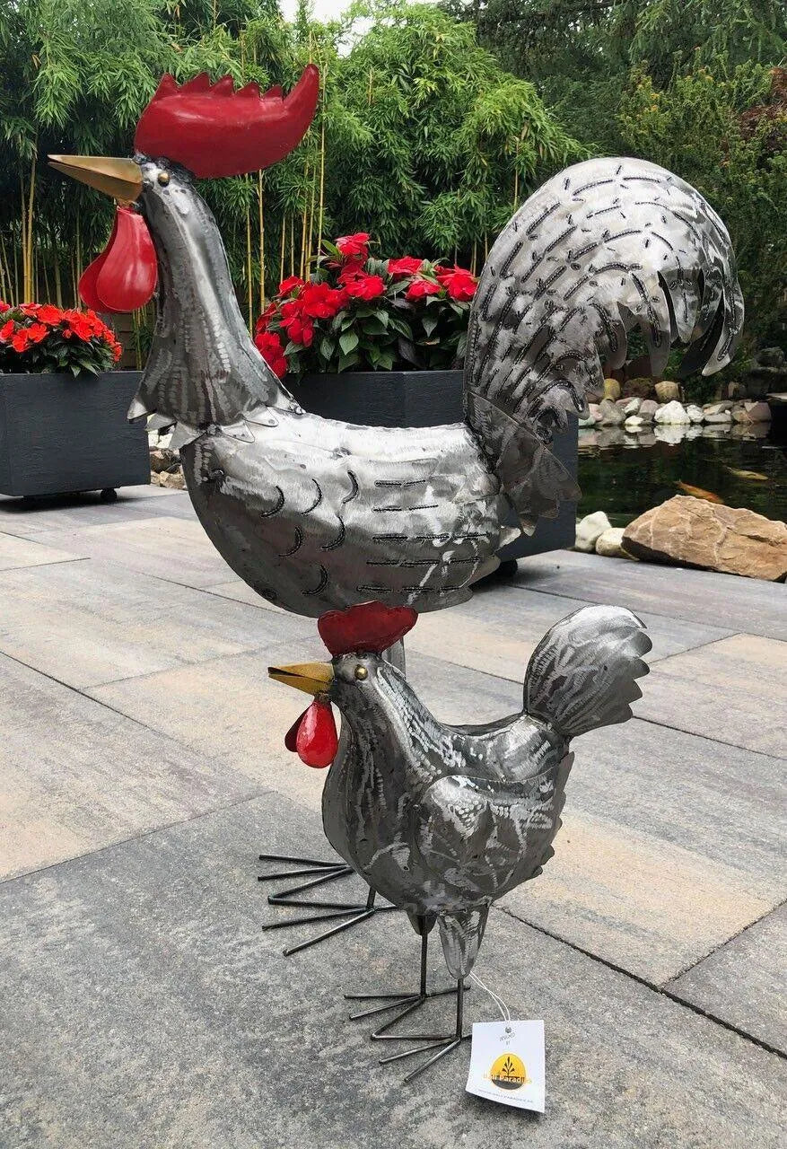 Gartenfigur groß Hahn & Huhn silber handgemachte Gartendekoration aus Metall - Bali Paradies