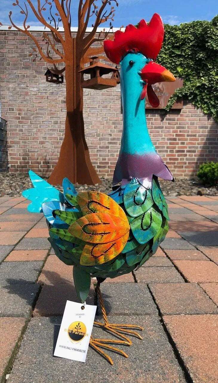 Gartenfigur groß Hahn & Huhn bunt handgemachte Gartendekoration aus Metall - Bali Paradies