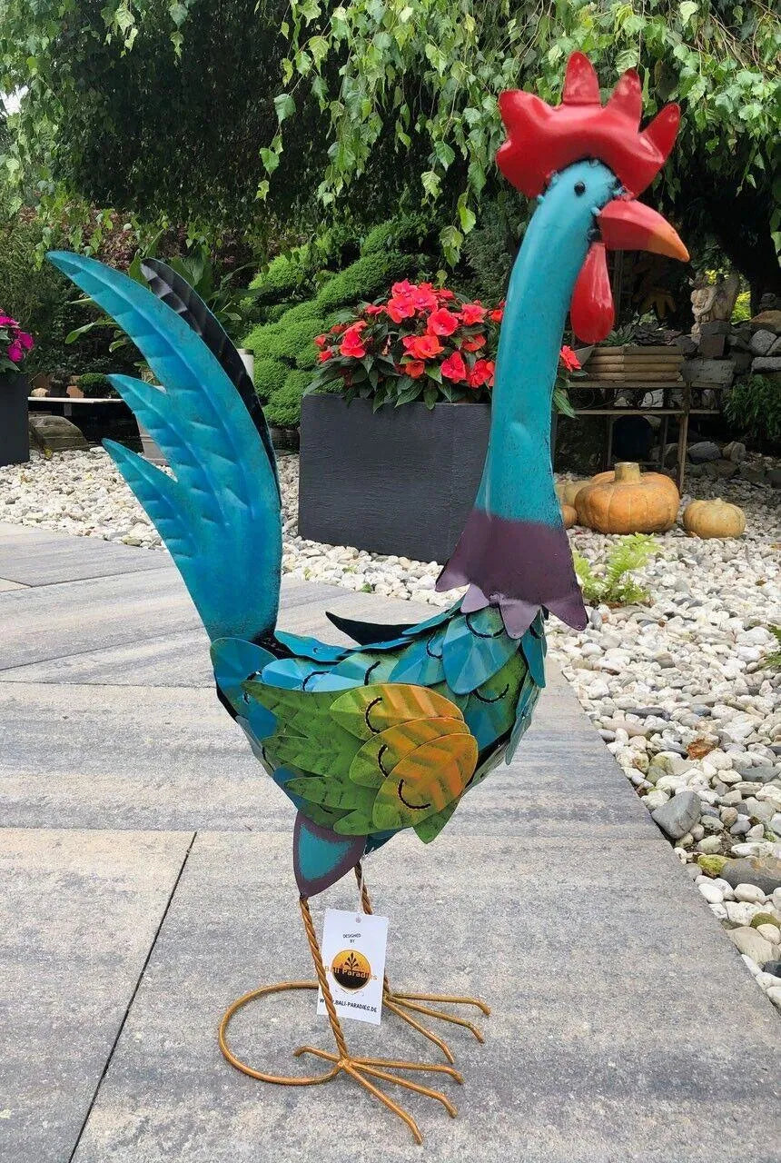 Gartenfigur groß Hahn & Huhn bunt handgemachte Gartendekoration aus Metall - Bali Paradies