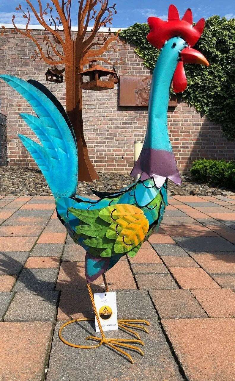 Gartenfigur groß Hahn & Huhn bunt handgemachte Gartendekoration aus Metall - Bali Paradies