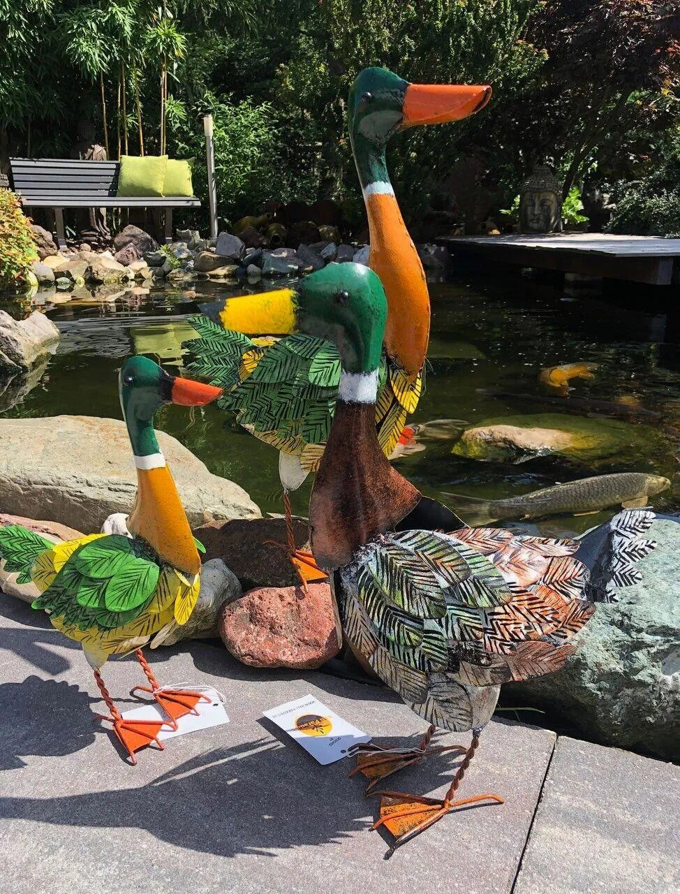 Gartenfiguren große Enten Familie handgemachte 56 cm Gartenfigur aus Metall - Bali Paradies