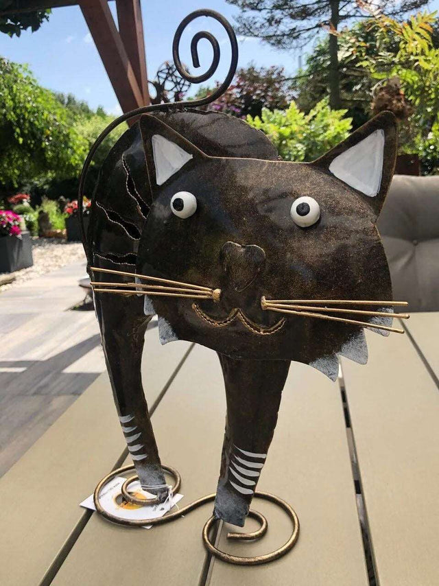 Gartenfigur Katze handgemachte Gartendekoration mit Herznase aus Metall - Bali Paradies