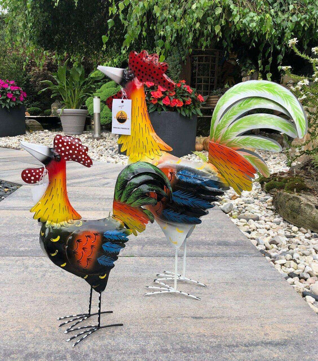 Gartenfigur groß Hahn & Huhn bunt handgemachte Gartendekoration aus Metall - Bali Paradies