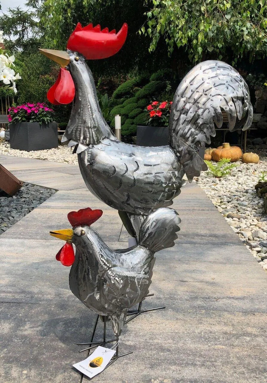 Gartenfigur groß Hahn & Huhn silber handgemachte Gartendekoration aus Metall - Bali Paradies