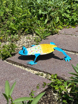 Gartenfigur aus Metall 40 cm Frosch in Blau handgemachte Gartendekoration