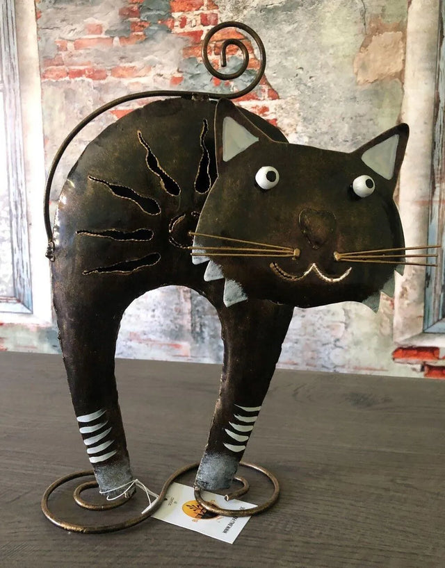 Gartenfigur Katze handgemachte Gartendekoration mit Herznase aus Metall - Bali Paradies