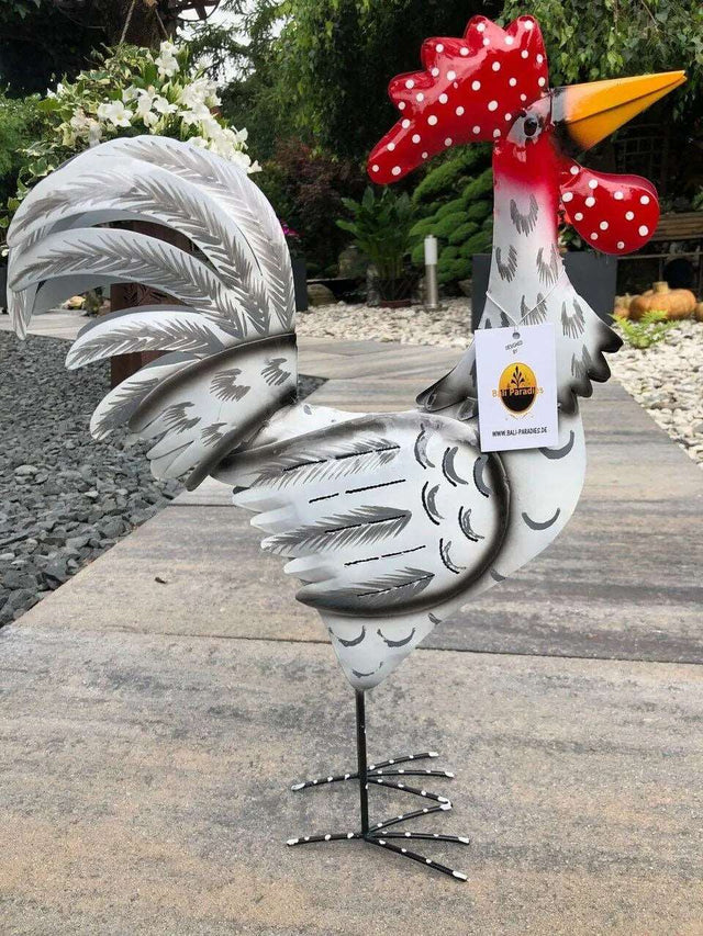 Gartenfigur groß Hahn & Huhn weiß handgemachte Gartendekoration aus Metall - Bali Paradies