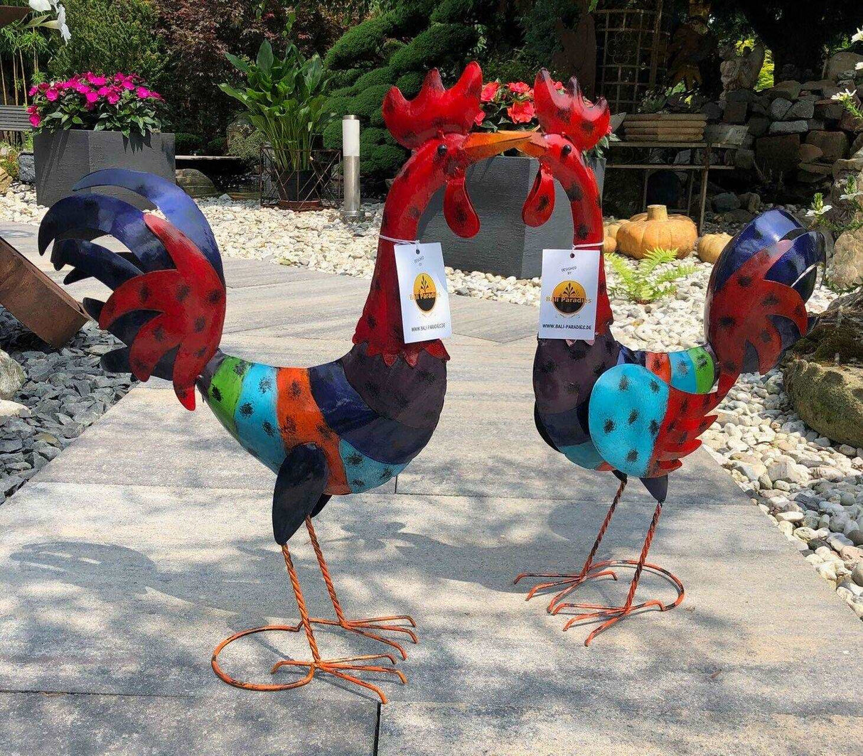 Gartenfigur groß Hahn & Huhn bunt handgemachte Gartendekoration aus Metall - Bali Paradies