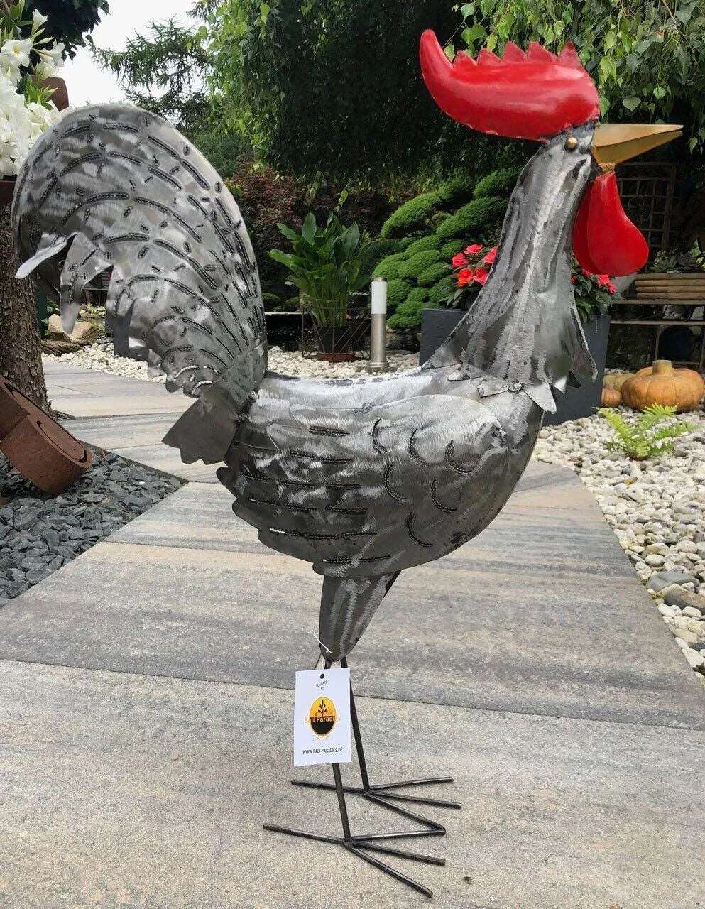 Gartenfigur groß Hahn & Huhn silber handgemachte Gartendekoration aus Metall - Bali Paradies