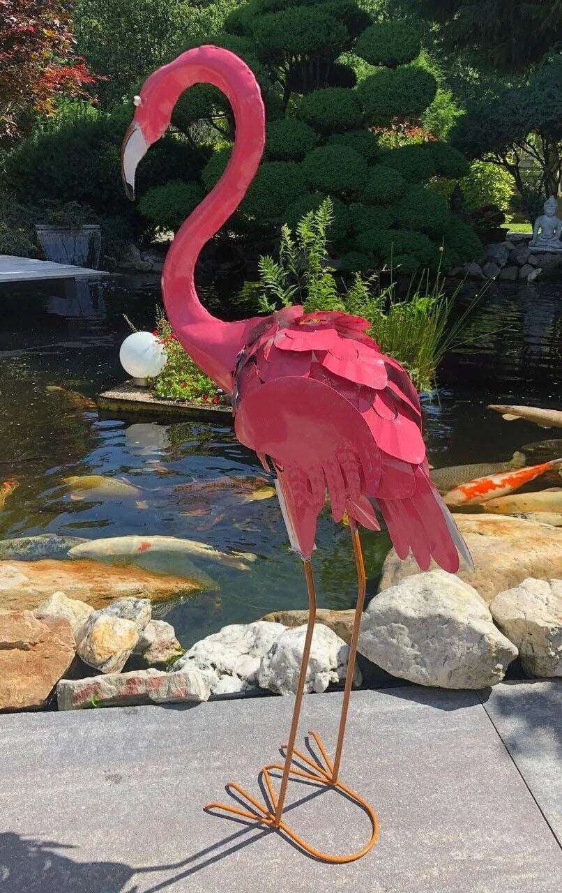 Gartenfigur großer Flamingo handgemachte Gartendekoration aus Metall - Bali Paradies