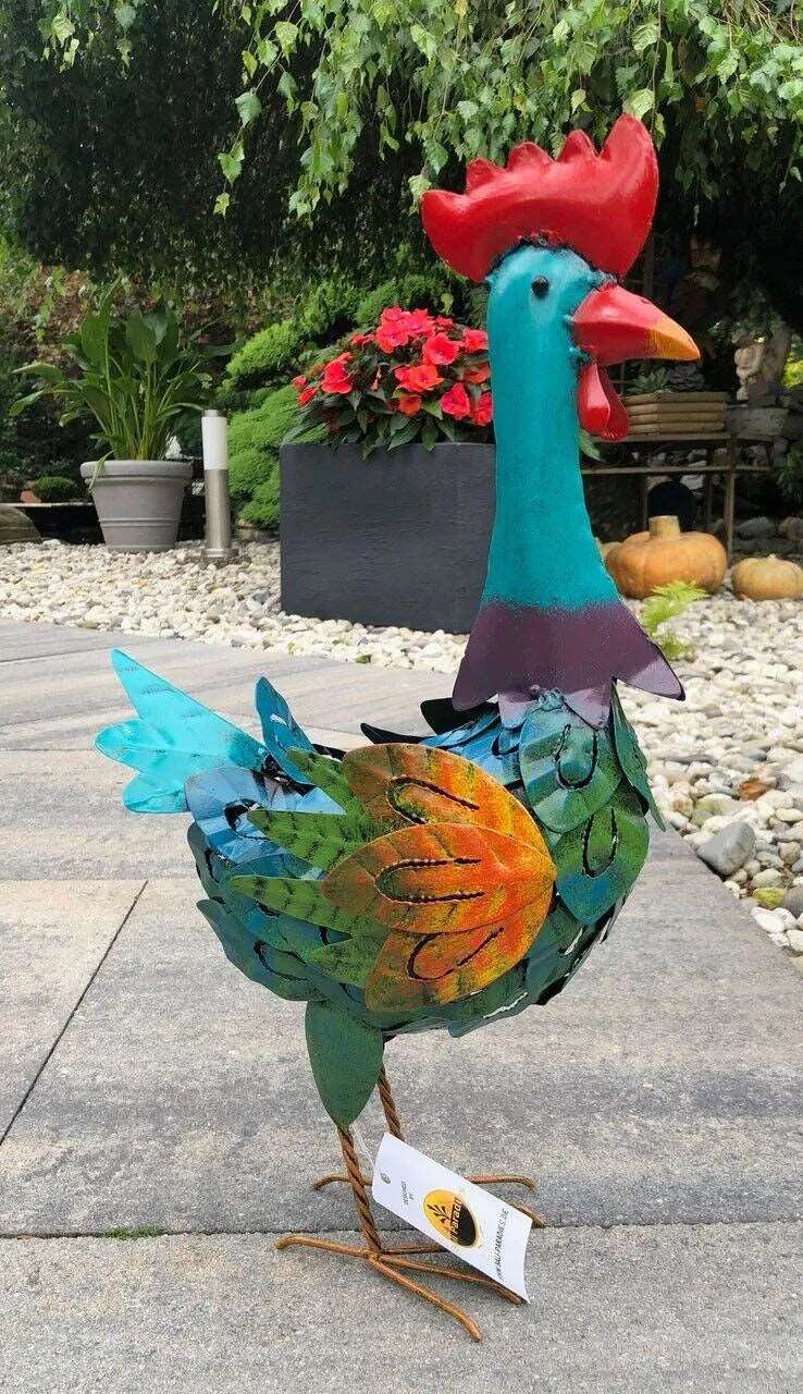 Gartenfigur groß Hahn & Huhn bunt handgemachte Gartendekoration aus Metall - Bali Paradies