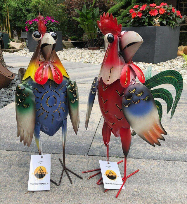 Gartenfigur groß Hahn & Huhn 37cm handgemachte Gartendekoration aus Metall - Bali Paradies