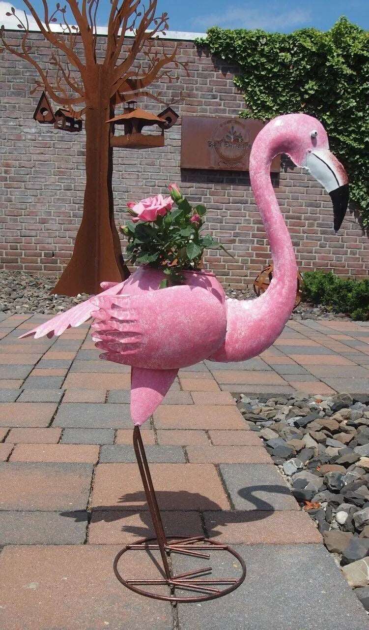 Gartenfigur großer handgemachter Flamingo zum bepflanzen aus Metall - Bali Paradies