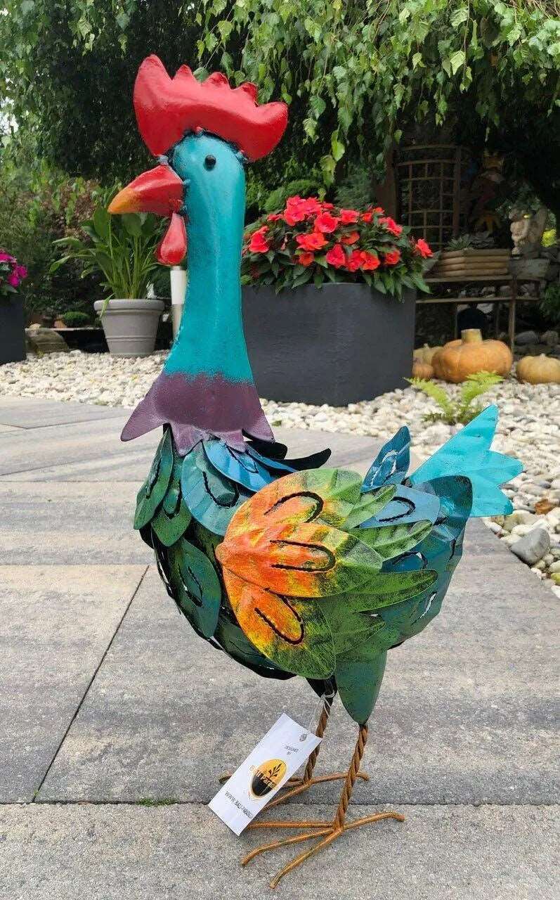 Gartenfigur groß Hahn & Huhn bunt handgemachte Gartendekoration aus Metall - Bali Paradies