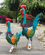 Gartenfigur groß Hahn & Huhn bunt handgemachte Gartendekoration aus Metall - Bali Paradies