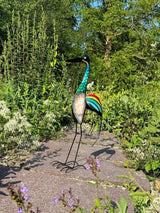 Gartenfigur bunter Fischreiher handgemachte Gartendekoration aus Metall - Bali Paradies