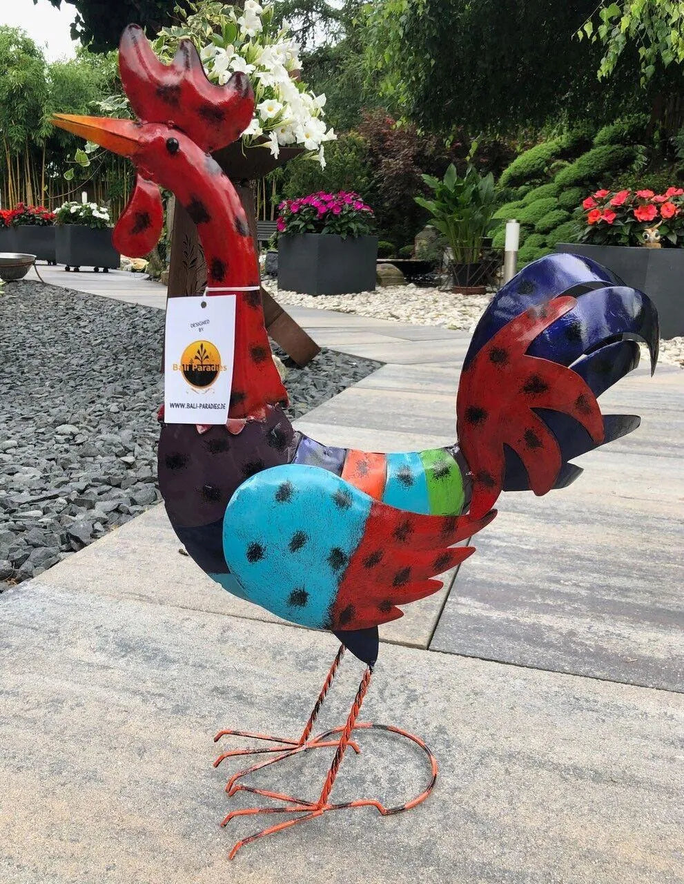 Gartenfigur groß Hahn & Huhn bunt handgemachte Gartendekoration aus Metall - Bali Paradies