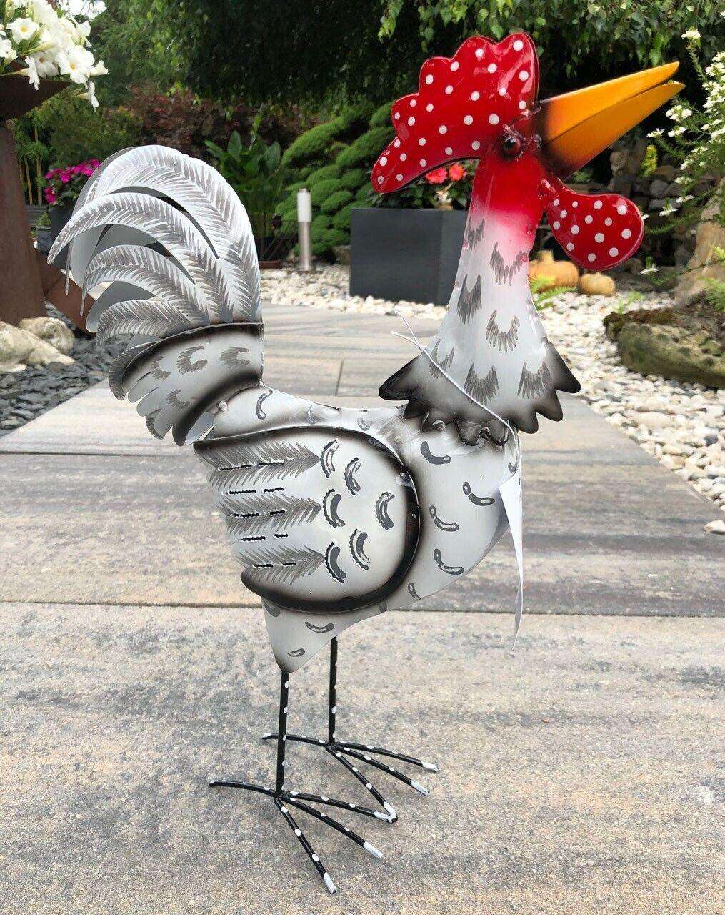 Gartenfigur groß Hahn & Huhn weiß handgemachte Gartendekoration aus Metall - Bali Paradies